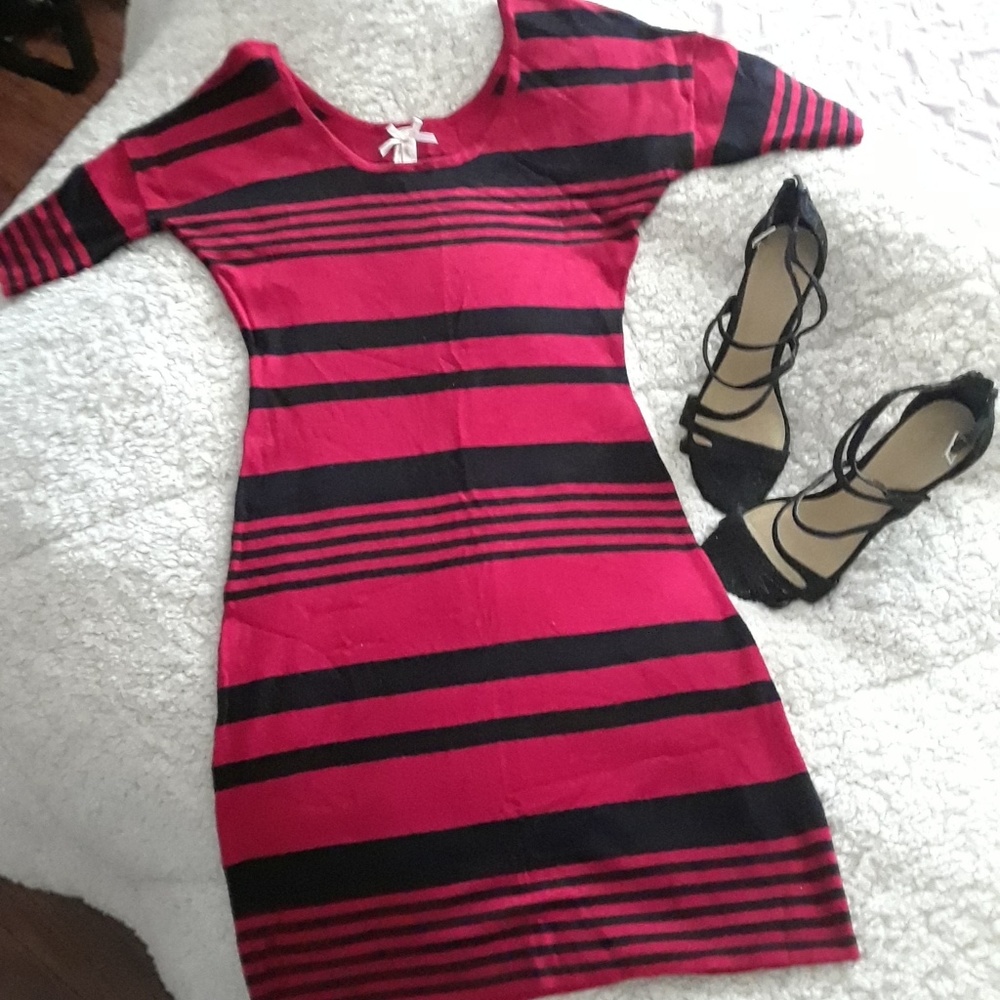 Red and Black striped dress.